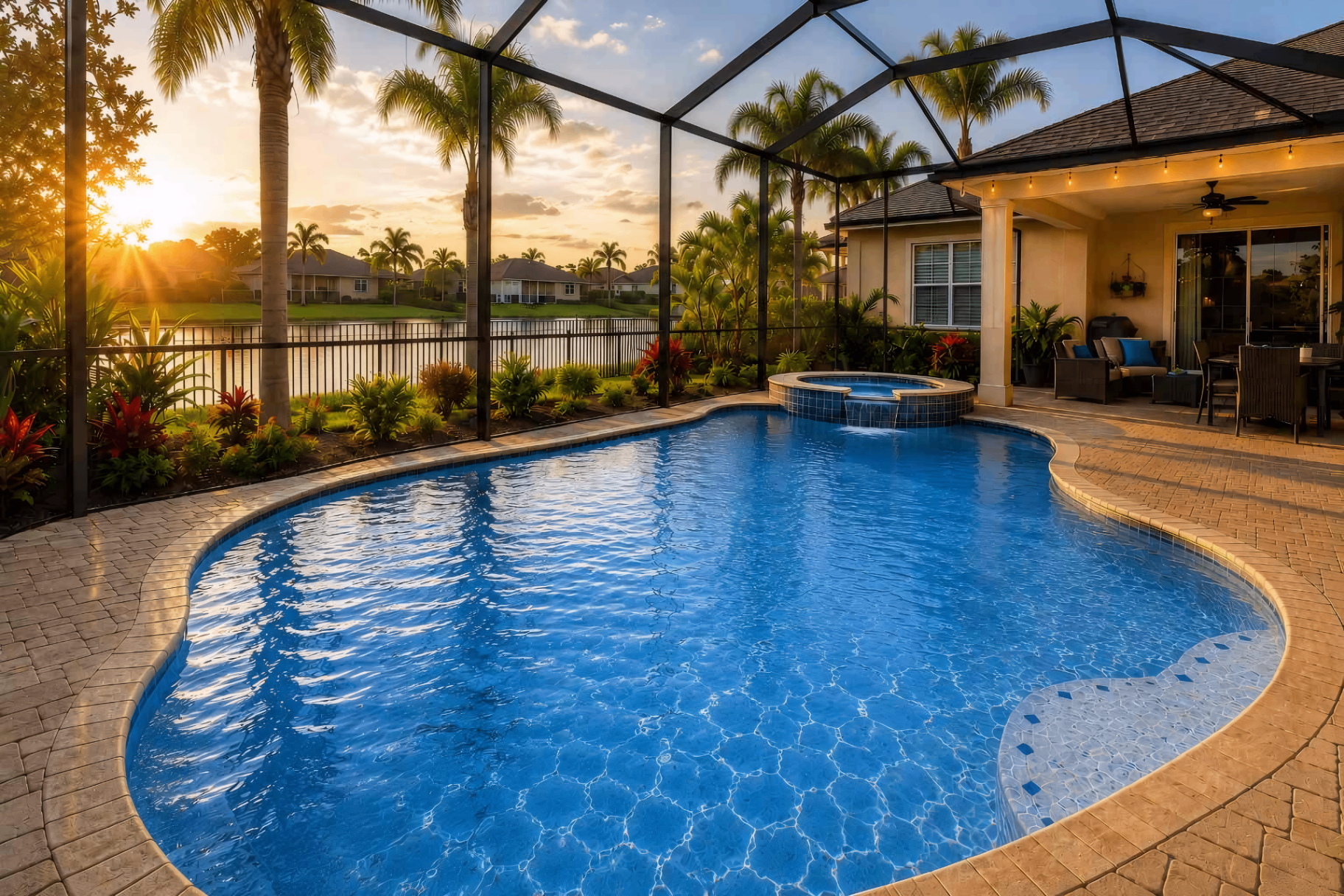 Luxury screen-enclosed pool and spa at golden hour in Orlando, Florida